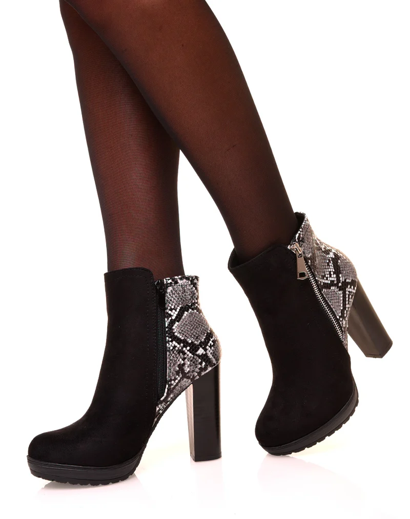 Bottines à talons effet python bi-matières