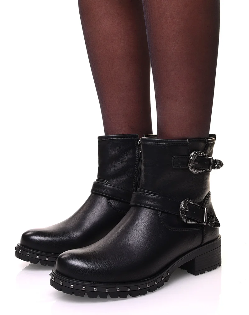 Bottines noires à sangles à boucles décorées