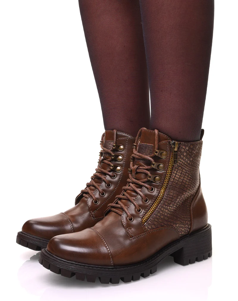 Bottines montantes marrons à lacets et effet croco doré