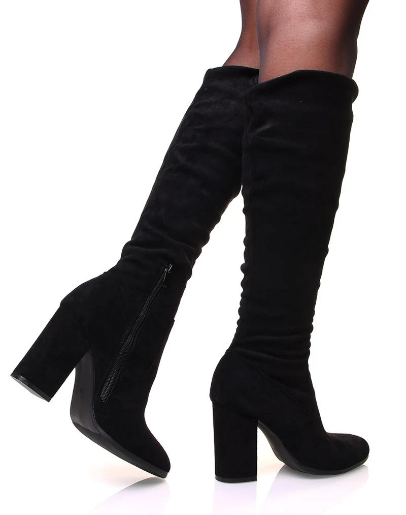 Bottes noires à talon plissé en suédine