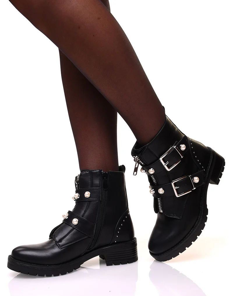 Bottines montantes noires à fermeture éclaire et sangles perlées