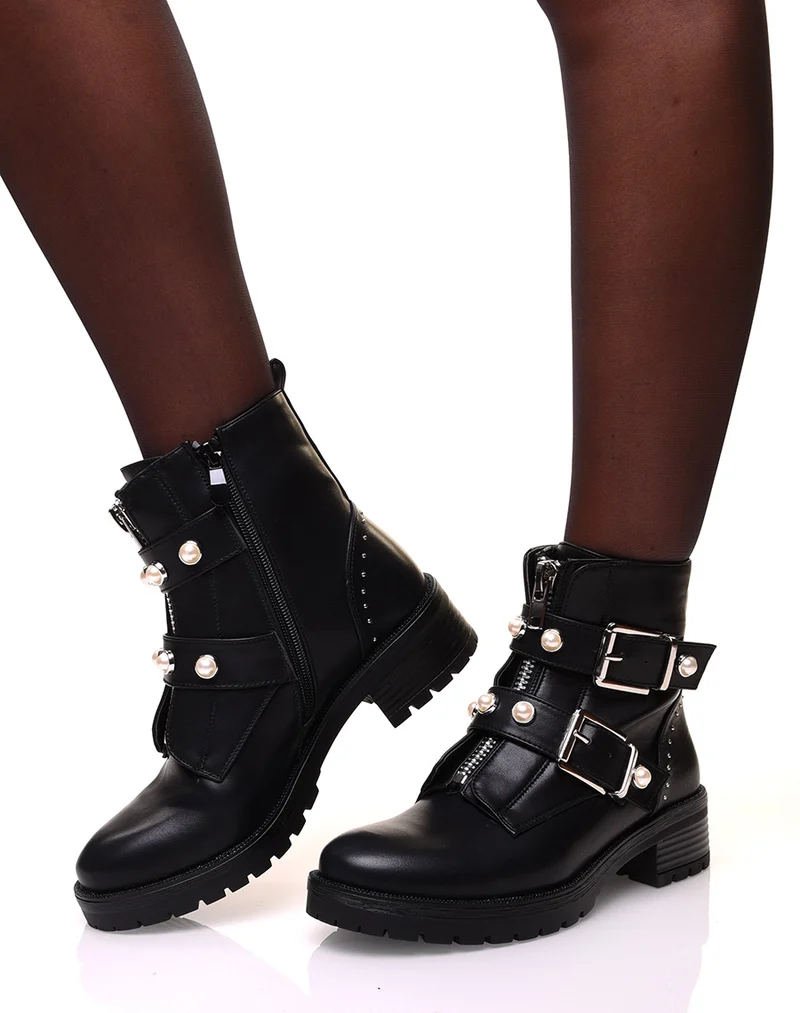 Bottines montantes noires à fermeture éclaire et sangles perlées