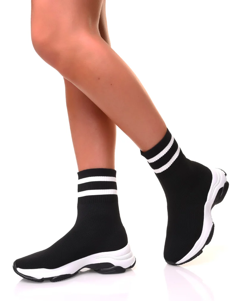 Baskets effet chaussette noires à rayures blanches
