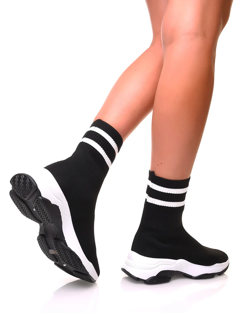 Baskets effet chaussette noires à rayures blanches