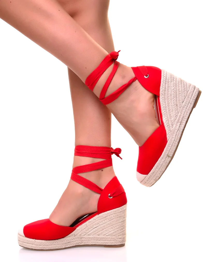 Espadrilles à talons compensés en toile rouge à rubans