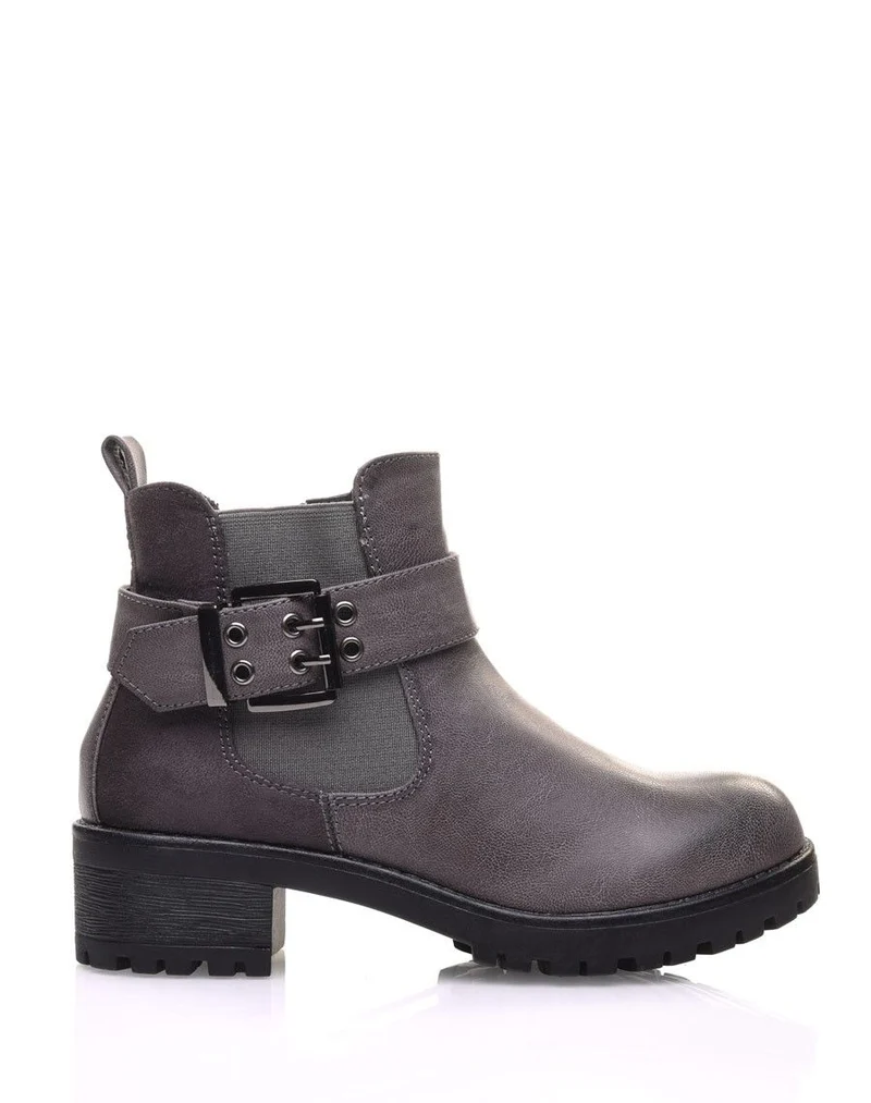 Bottines bi-matières grises à semelle crantée