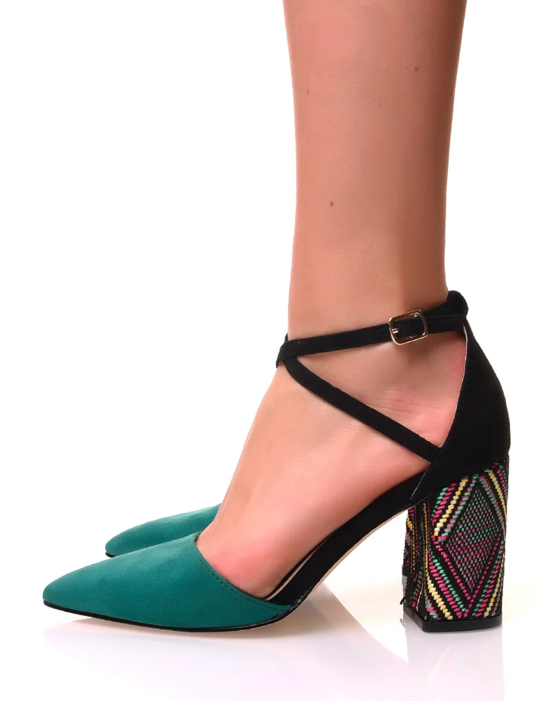 Escarpins à talons carrés tissés en suédine verte