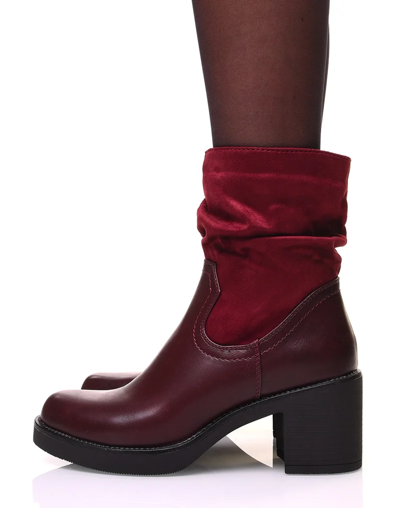 Bottines bordeaux à talon bi-matière
