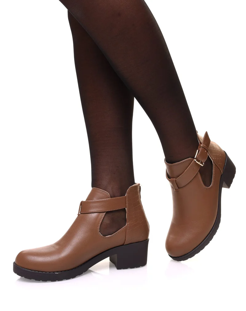 Bottines marron ajourées à partit talon et boucle
