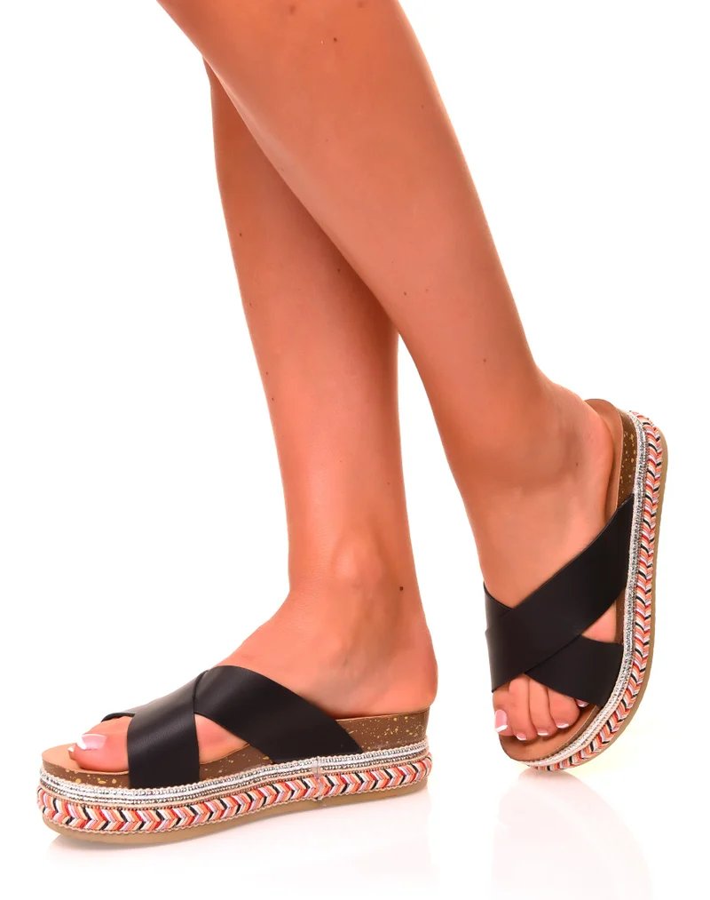 Mules noires à doubles brides croisées et semelles tressées