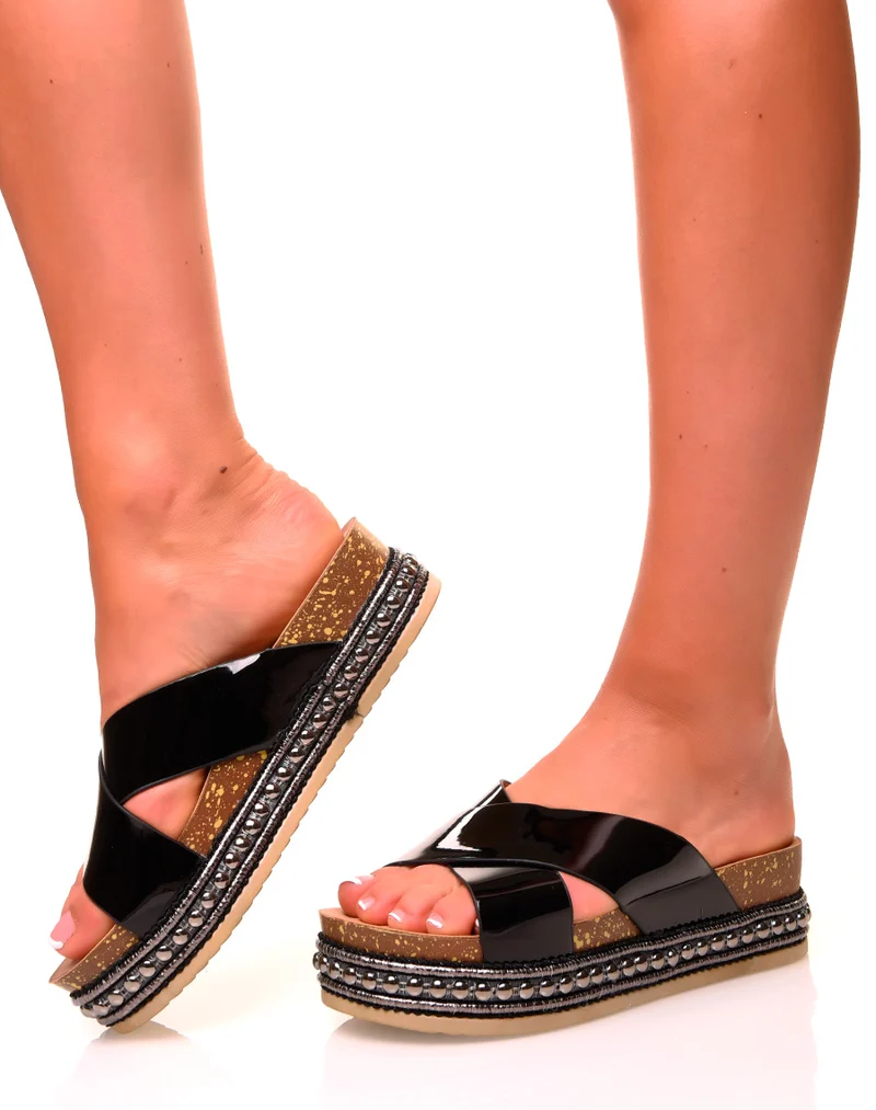 Mules noires à doubles brides vernies
