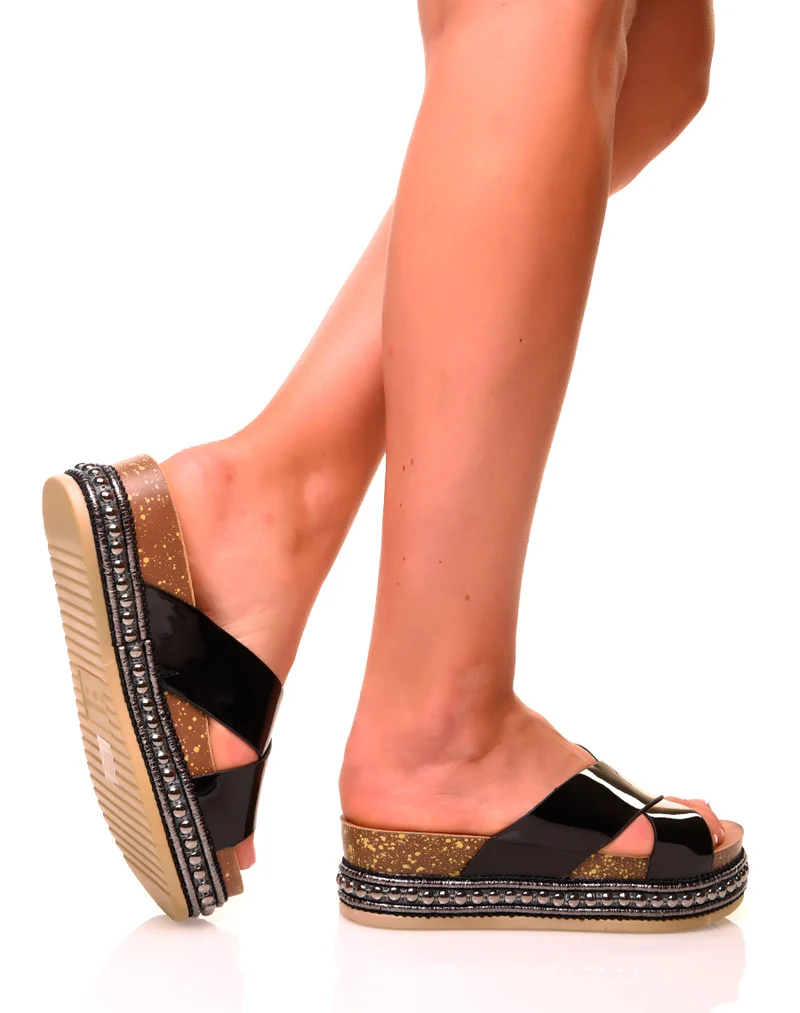 Mules noires à doubles brides vernies