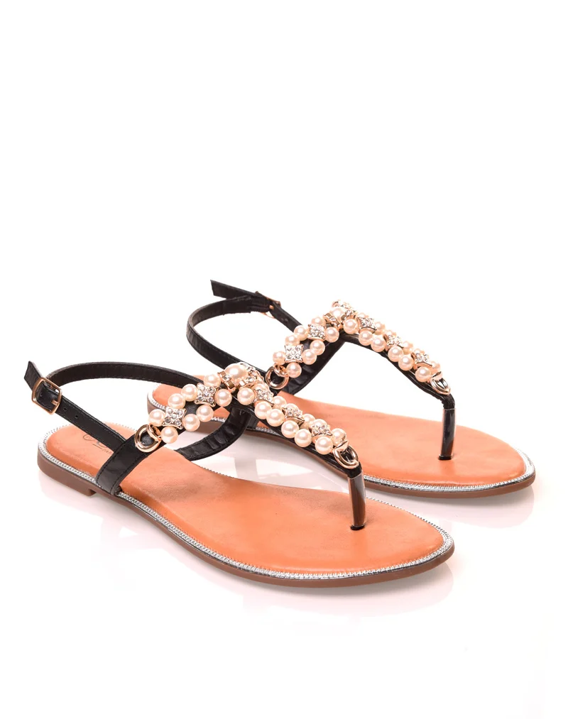 Nu-pieds noirs ajourés à perles et strass