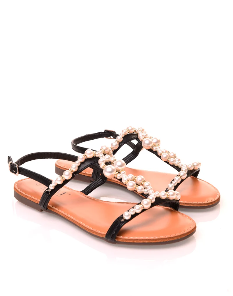 Nu-pieds noirs à détails perlés et strass