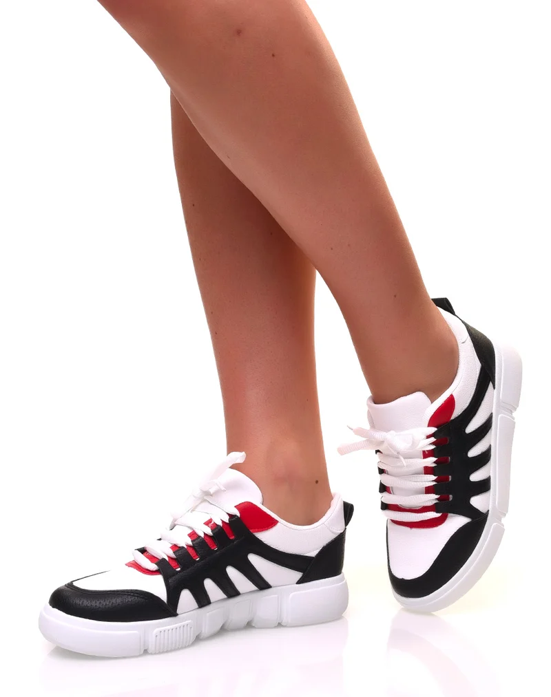 Baskets noires et rouges effet simili cuir grainé à semelles épaisses