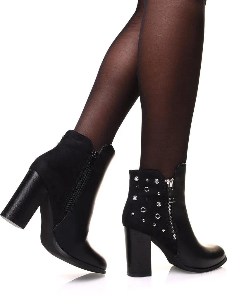Bottines noires bi matières à talons et détails cloutés