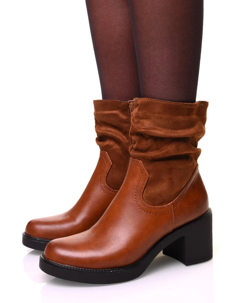 Bottines camelles à talon bi-matière
