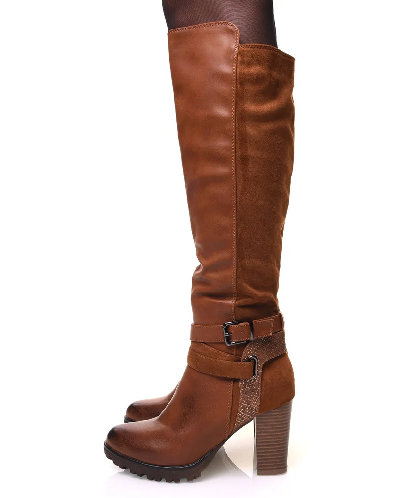 Bottes camelles bi-matière à talon haut