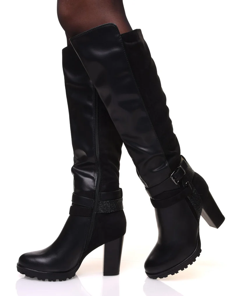 Bottes noires bi-matière à talon haut