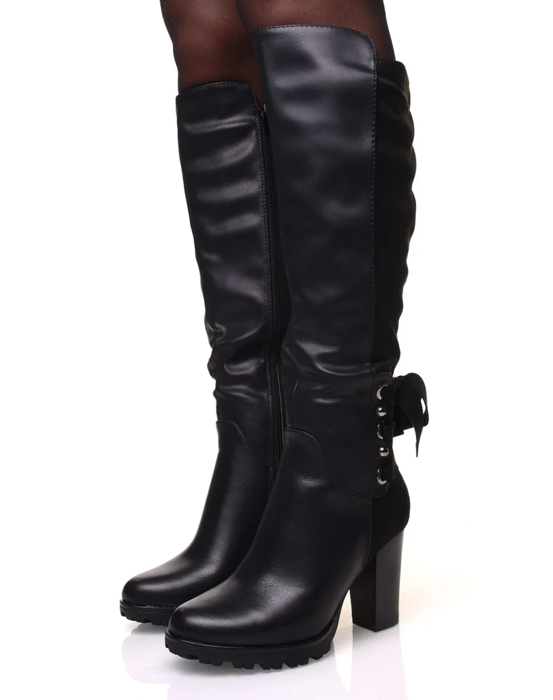 Bottes noires bi-matière à talons et lacets en suédine