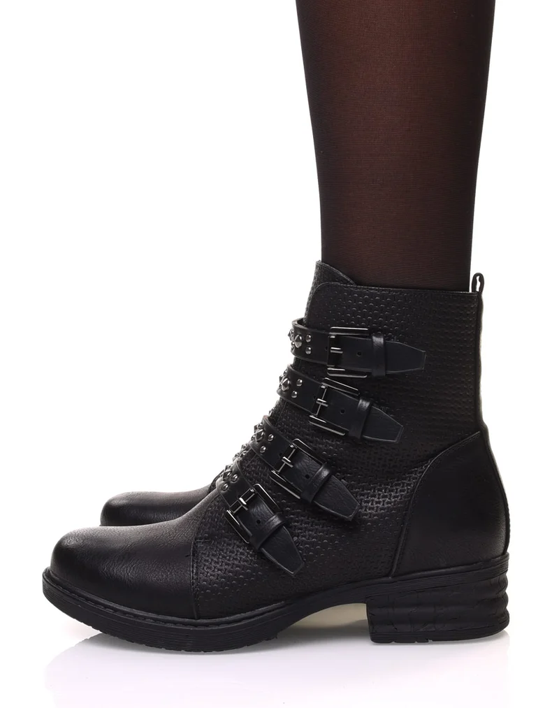 Bottines noires à multiples sangles cloutés