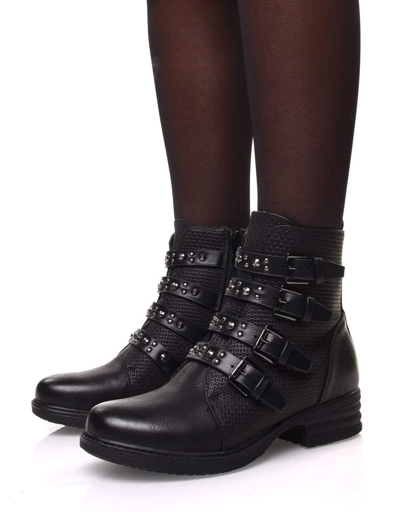Bottines noires à multiples sangles cloutés