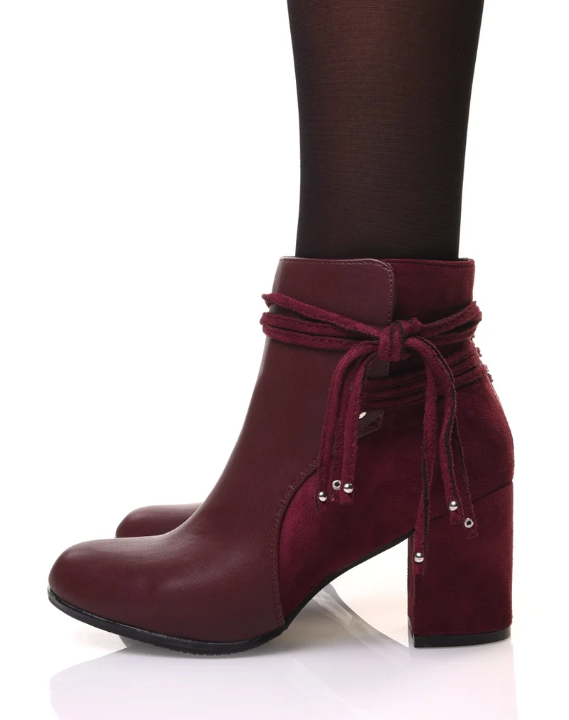 Bottines bordeaux bi-matière à talons et détails liens