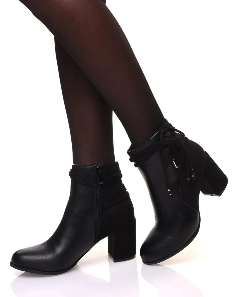 Bottines noires bi-matière à talons et détails liens