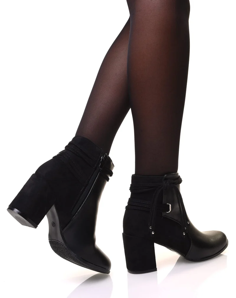Bottines noires bi-matière à talons et détails liens