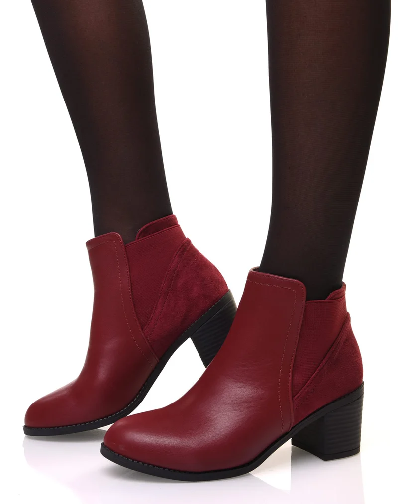 Bottines bordeaux bi-matière à talons