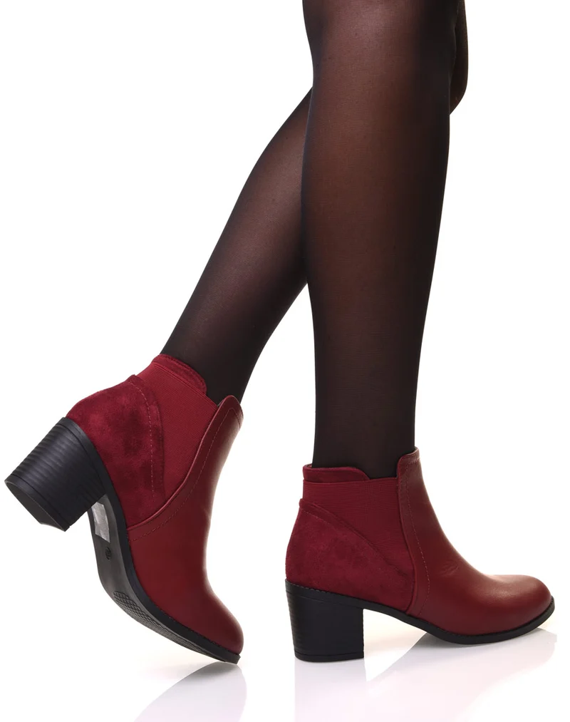 Bottines bordeaux bi-matière à talons