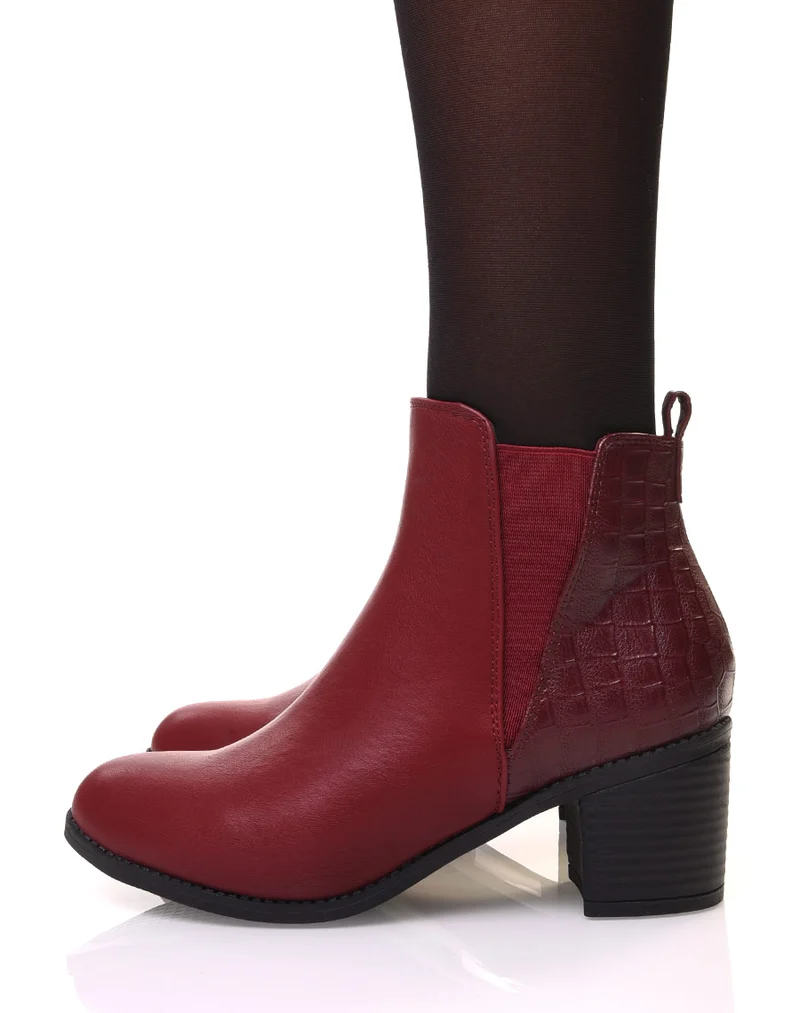 Bottines bordeaux à talons détail imprimé croco