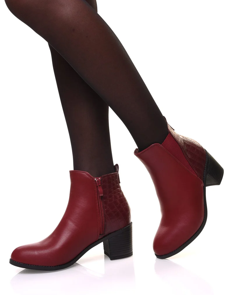 Bottines bordeaux à talons détail imprimé croco