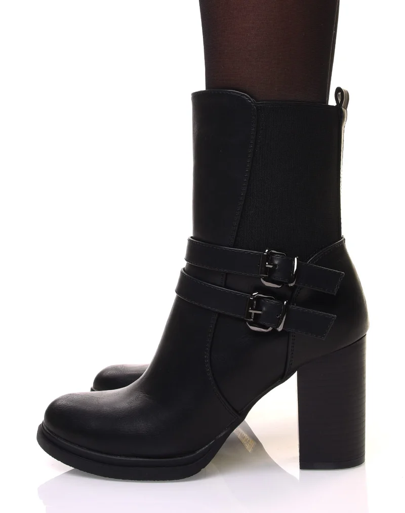 Bottines noires montantes à talons à sangles