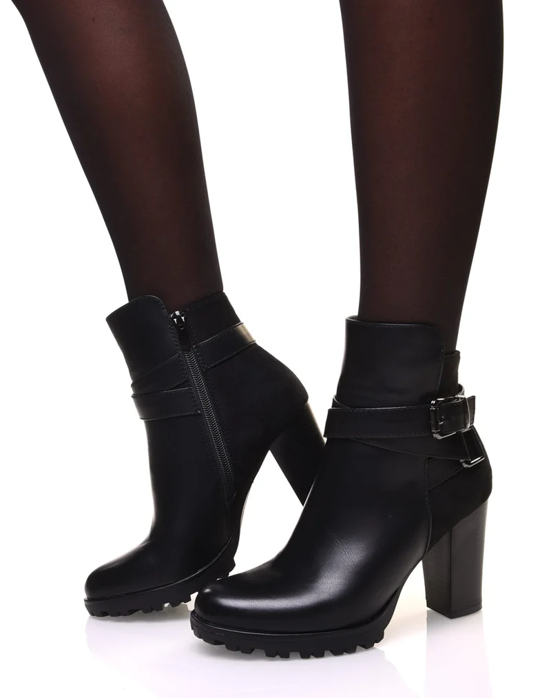 Bottines bi-matière noire à talon haut