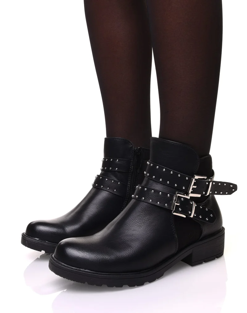 Bottines noires bi-matière à sangle clouté