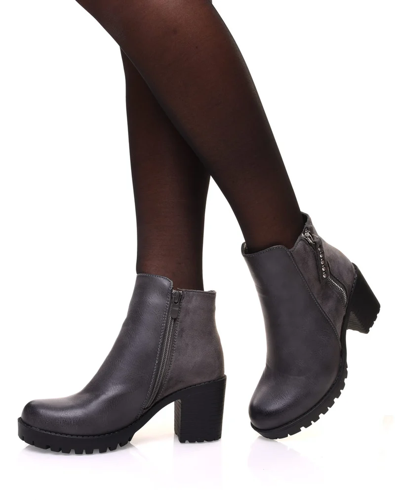Bottines grises bi matières à talon mi haut