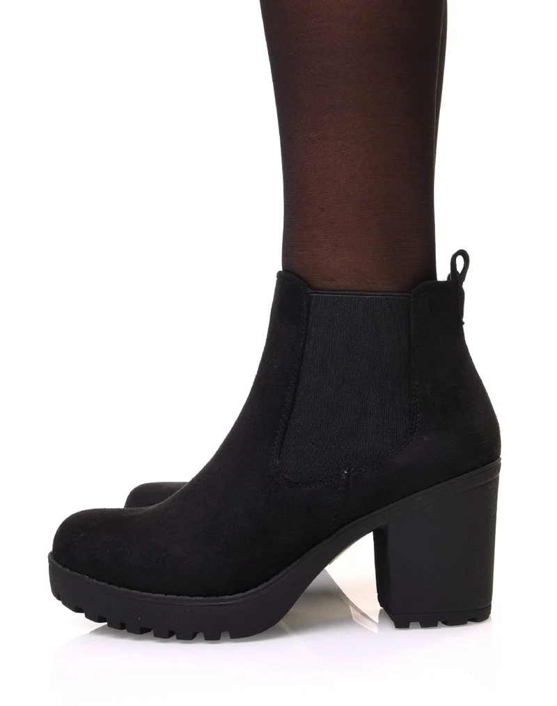 Chelsea boots noires en suédine à talon mi haut