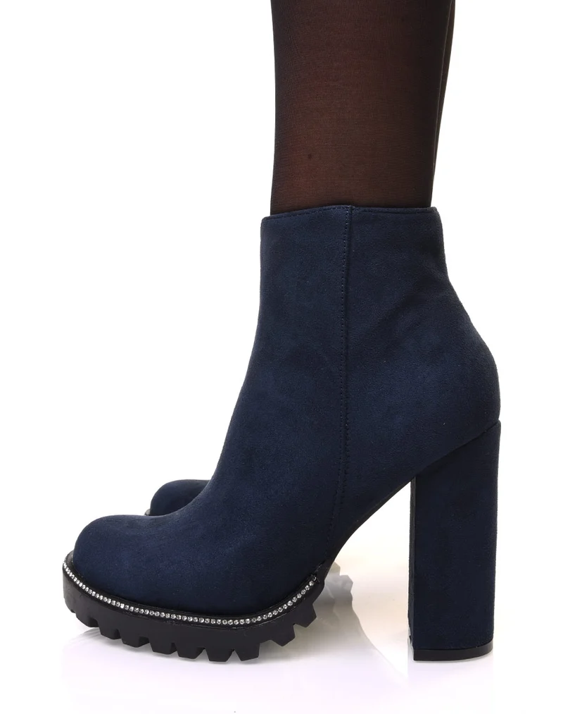 Bottines bleues en suédine à talon et semelle crantée