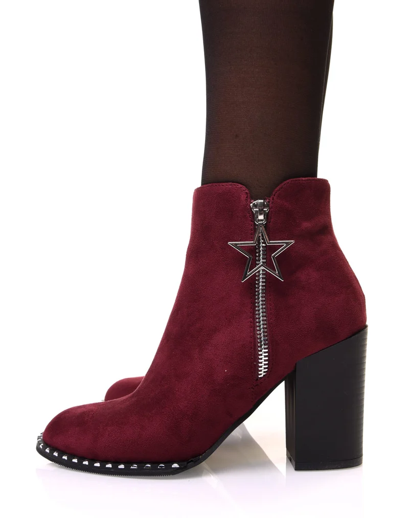 Bottines bordeaux en suédine à talon avec détail étoile