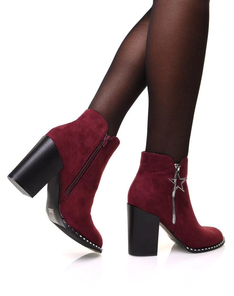 Bottines bordeaux en suédine à talon avec détail étoile