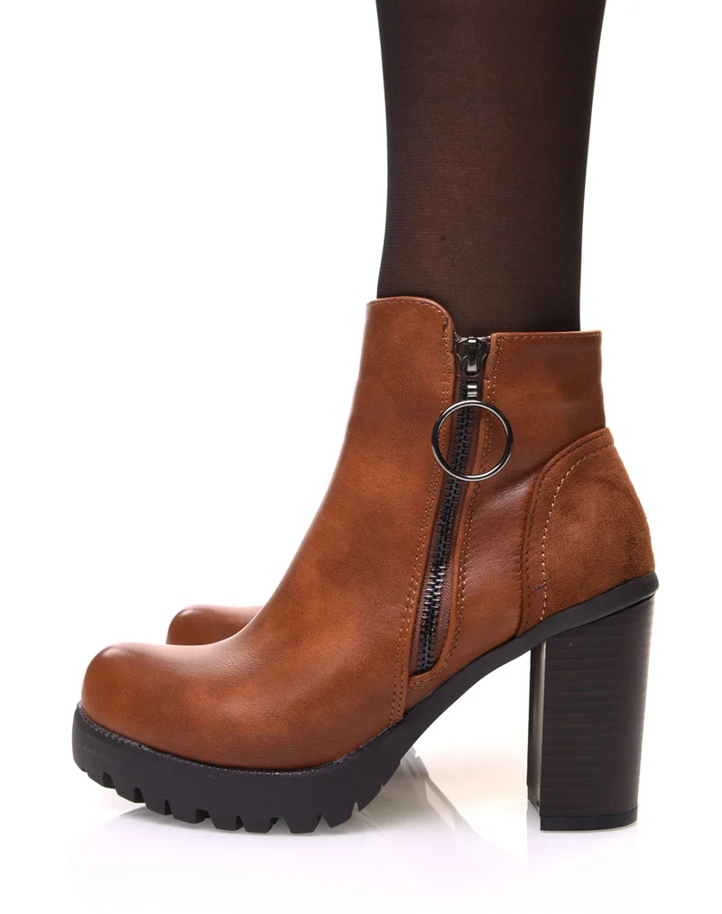 Bottines camelles à talon avec fermeture éclaire décorative