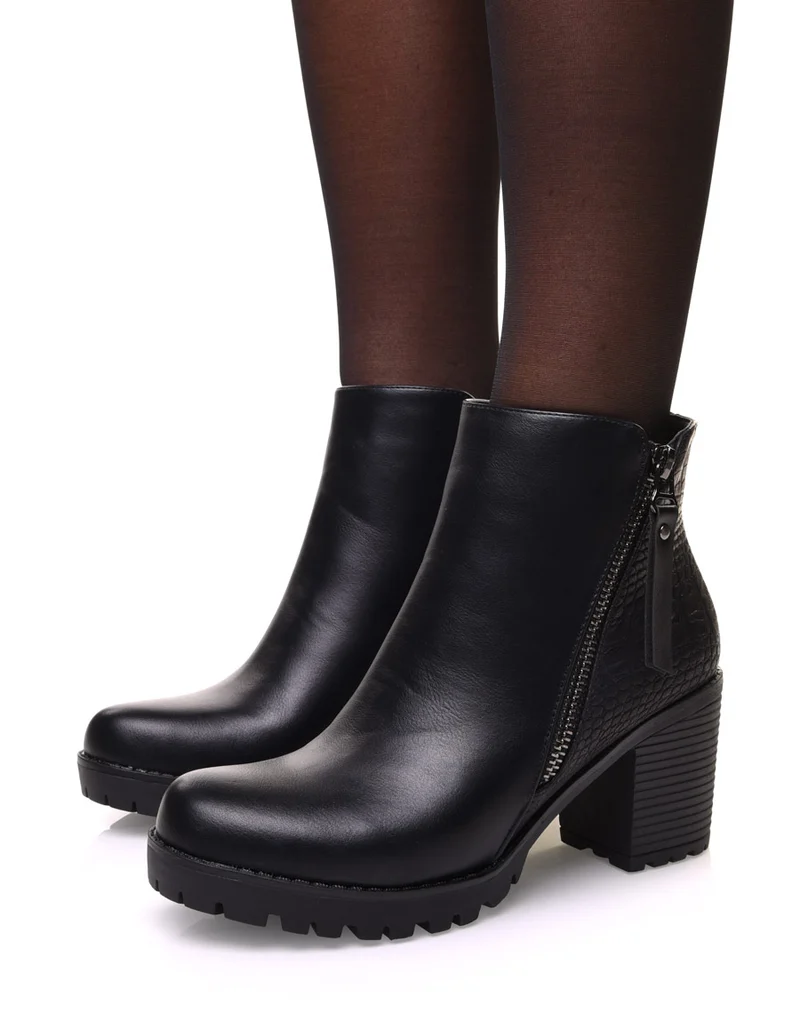 Bottines noires bi matières avec effet python