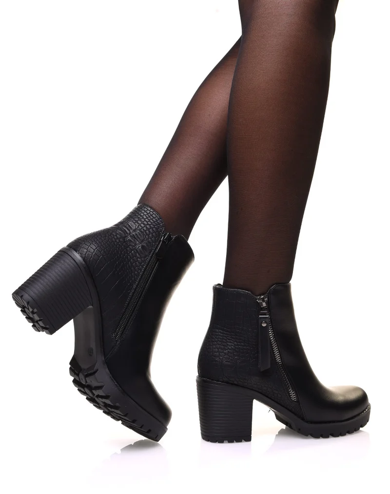 Bottines noires bi matières avec effet python