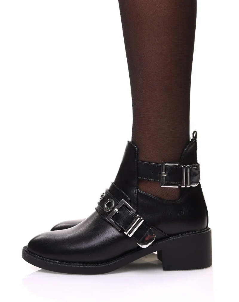 Bottines noires ajourées à sangle décorative