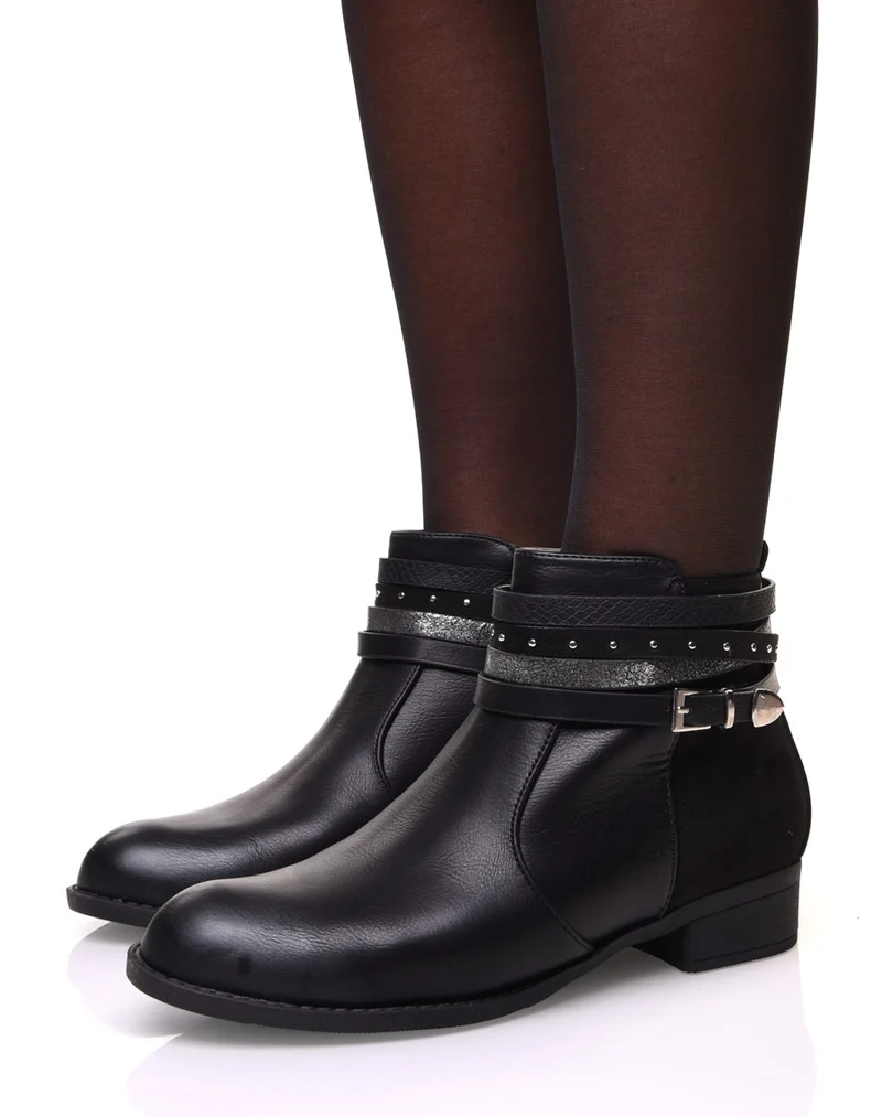 Bottines noires bi matières avec fines sangles multiples