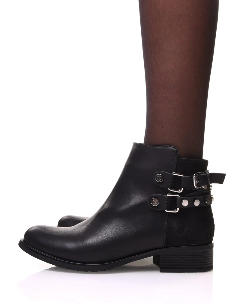 Bottines noires bi matières à sangle cloutée