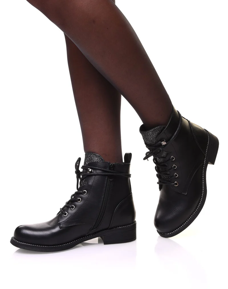 Bottines noires à lacets et languette pailletée