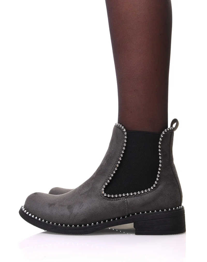 Chelsea boots grises en suédine à détails perles