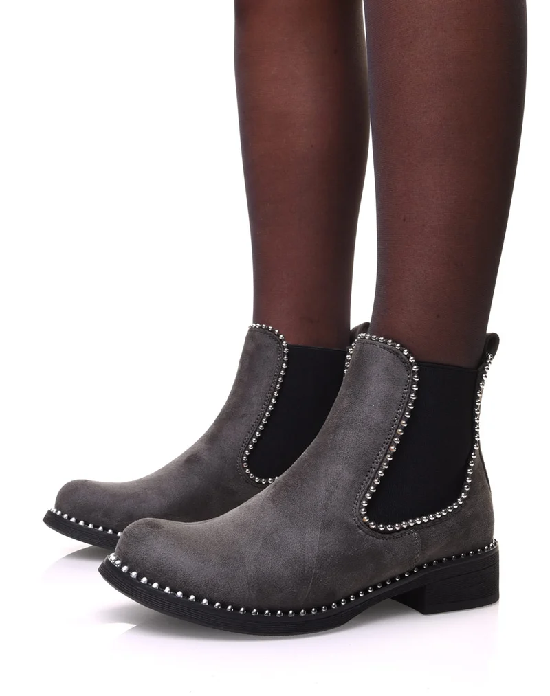 Chelsea boots grises en suédine à détails perles